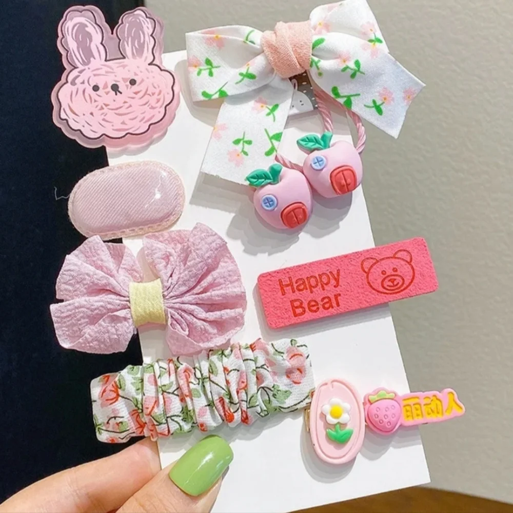 Girls Cute Pink Barrettes Hair Rope‎ 9-Piece Set NEW